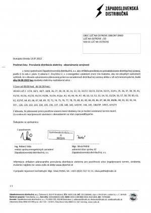 Prerušenie distribúcie elektriny - Veľká Lúč